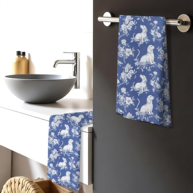 Chinoiserie Dachshund Kitchen Towels Set of 4,Blue and White Floral Botanical Dachshund Dog Decorative Dish Tea Towels,Grandmillennial Weiner Dog Hand Towels for Kitchen Bathroom,16x24 Inch
