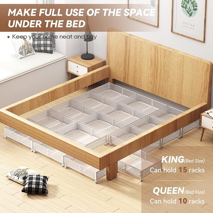 Under Bed Storage with Wheels,Patterned,Sturdy Metal,4 Pack,White | Tool-free assembly, glide smoothly, easy reach, foldable, maxmazie low-profile beds, dorm, keep seasonal clothes, shoes fresh