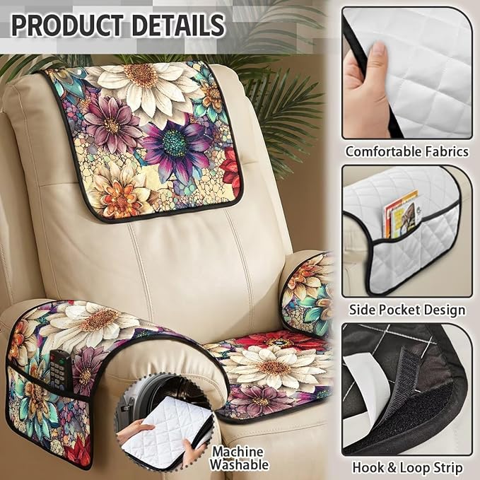 Boho Flower Recliner Chair Covers 4 Piece Non Slip | Quilted Recliner Covers Waterproof Lazy Boy Chair Covers with Arms Pet Friendly Washable Recliner Cover for Sofa Armchair