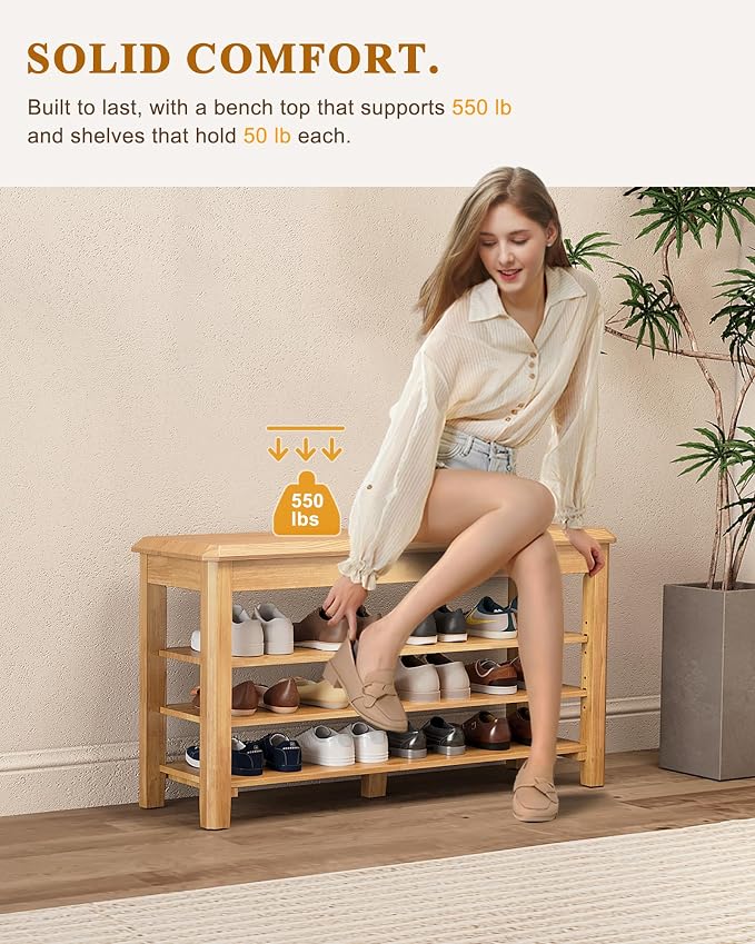 IUNVR Shoe Rack Bench Seat Rubberwood 3-Tier Wooden Storage Bench 550lbs Compact Mid-Century Modern Design for Entryway, Hallway, Closet, Front Door Entrance, Foyer