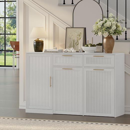 Double 13 Gallon Pull Out Trash Can Cabinet with Storage Cabinet,White | Pet Proof Hidden Garbage Can Cabinet,3-Tier Shelves,Fluted Design,Extra Drawer Space,Kitchen & Dining Room Organization