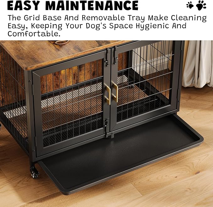 GarveeLife 37.5 in Dog Kennel Furniture, Heavy Duty Dog Crate Furniture with Wheels, Grid Base, Removable Tray, Latches, Indoor Farmhouse Dog Cage for Medium and Small Dogs, Brown