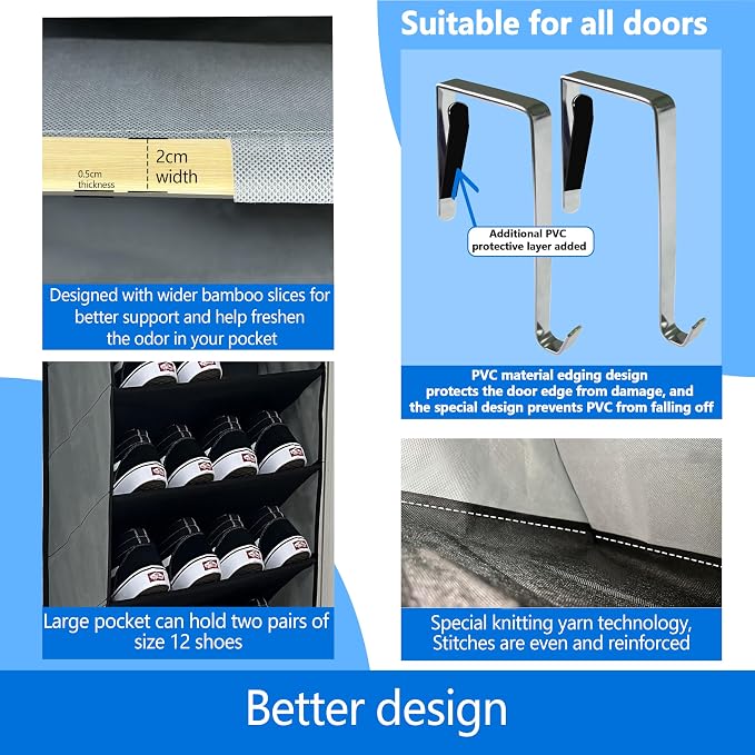 shoe organizer,70 Pounds Large Capacity,20-30-Pair over the door shoe organizer,10 Tiers shoe rack for closet,New upgrade Anti-scratch heavy duty hook and Bamboo material Baffle,Grey/Black | Extra Deep Pockets Over the Door Shoe Organizer for Dorm and ...