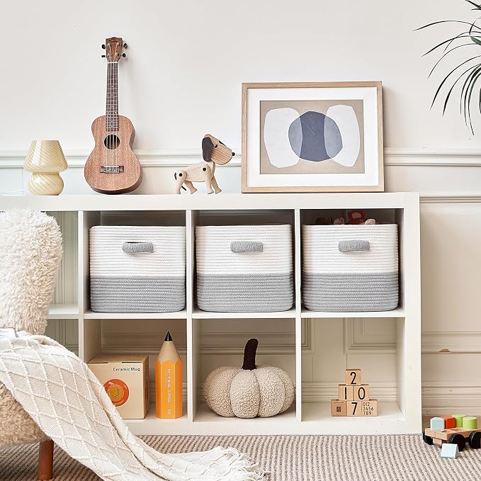 R RUNKA Storage Cube Baskets for Organizing- 3 Pack- 11 inch Square Baskets for Cube Storage, Closet Storage Bins- Woven Cube Storage Bins for Shelves- Ideal for Toy Storage |White & Grey
