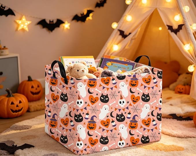 Rectangular Halloween Basket for Boys and Girls Kids Trick or Treat Pumpkin Basket for Halloween Parties Cute Storage Bin Organizer Box Room Decor(Pink Heart Halloween)
