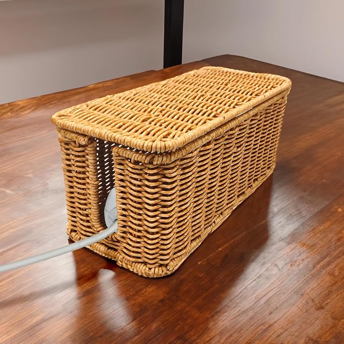 Cable Organizer Box, Vented Rattan Cable Organizer for Cord Organizer Box Storage, 12 in X 5 in X 5 in