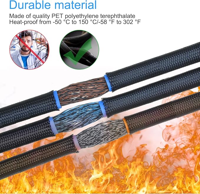 Tatuo 65.6ft Braided Cable Sleeve Expandable Wire Sheathing(Black) | with 120 Heat Shrink Tubing 1/4 in 2/5 in 1/2 in 3/4 in Wire Sleeve Cord Management for Television Audio Computer Video Pets