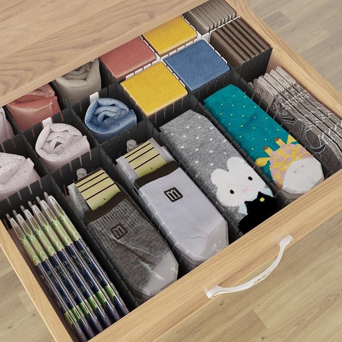 Adjustable Drawer Dividers, Cut to Fit Plastic Organizer Strips, 8-Pack | Plastic Drawer Dividers for Organizing Utensils Socks Underwear Makeup in Kitchen Bedroom Drawers Bins Fridge Compartments