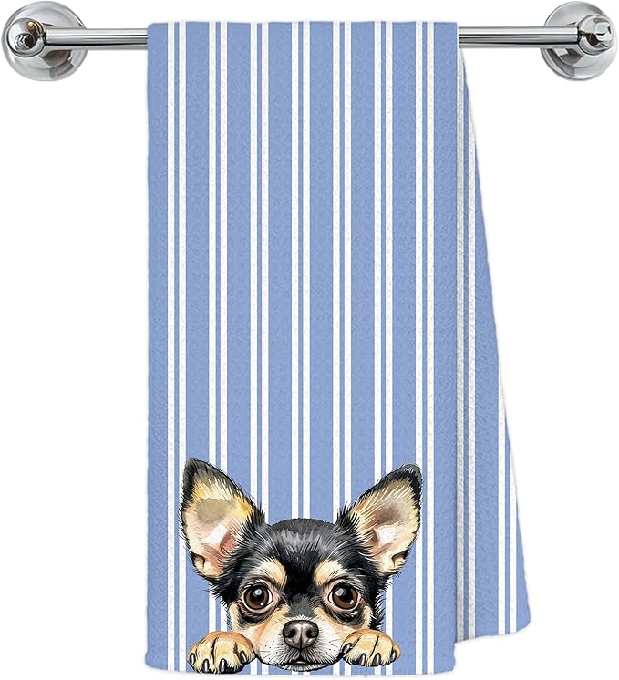 Blue and White Striped Chihuahua Dog Kitchen Towels, Chihuahua Gifts for Women Dish Tea Towels for Kitchen Decor, Dog Lovers Mom Dad Gifts Hand Towel for Bathroom Decor, 16x24 Inch