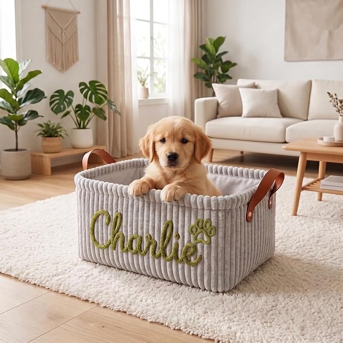 Personalized Dog Toy Basket with Name, Custom Pet Toy Storage Basket for Dogs and Cats, Handmade Puppy Toy Bin for Toys, Leashes, Treats, Blankets, New Puppy Gift