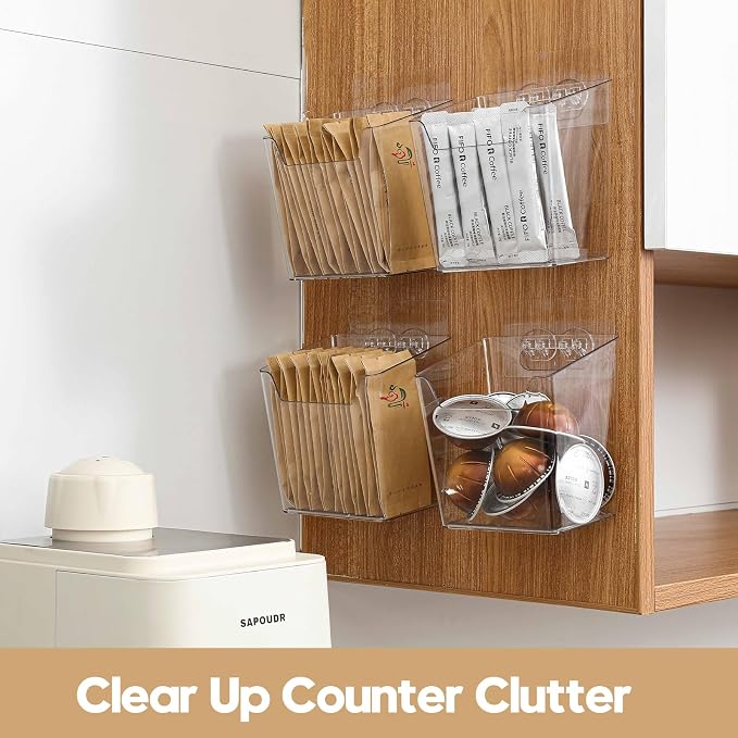 6 Pack Drink Packet Organizer, Clear Acrylic Cabinet Door Organizer Adhesive, Wall Mount Caddy Utensil Holder Floating Bin for Tea Bag Kcup Storage, Sewing Tools, Laundry Pods, Small Cleaning Supply