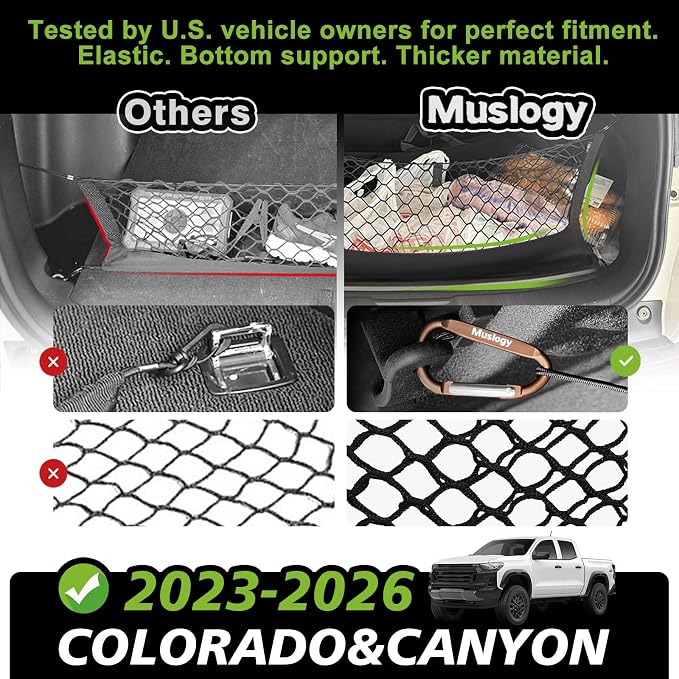 Muslogy Cargo Net for 2023-2025 2026 Chevrolet Colorado & GMC Canyon | Custom Fit, Truck Bed Storage Organizer Net for Pickup Truck Bed Divider, Heavy Duty Carabiners, Night Visible Grab Handle