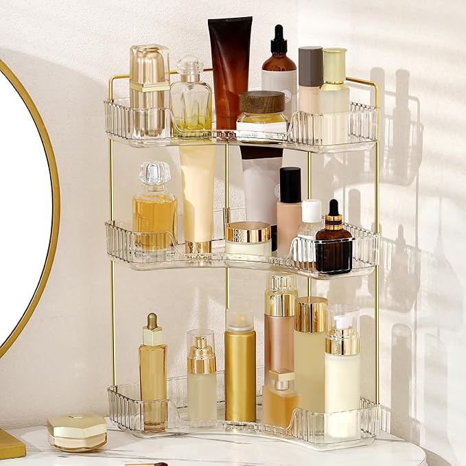 Corner Bathroom Counter Organizer Bathroom Countertop Shelf Makeup Organizer for Vanity Perfume Tray for Corner Storage (3 Tiers, White)