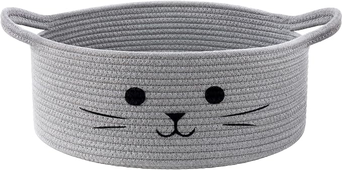 Medium Woven Rope Cat Toy Basket with Cat Face, Grey | 13.8" x 6" Cat Toy Storage Bin for Living Room & Nursery, Pet Gift Basket Empty with Sturdy Handles, Cozy Cats Bed