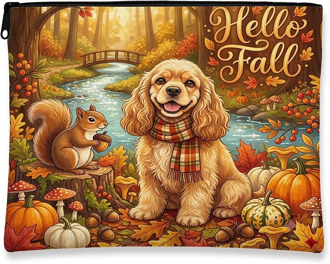 Fall Cocker Spaniel Dog Makeup Bag, Holiday Funny Forest Cosmetic Travel Pouch for Women, Portable Small Canvas Zipper Organizer, Autumn Toiletry Bag 7x9 Inch