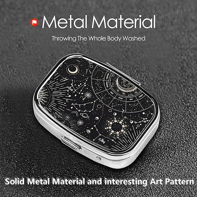 ABLESKY Pill Box, 2 Compartment Pill Organizer Case for Pocket or Purse, Small Portable Metal Travel Medicine Box with Mirror, Daily Vitamins Fish Oil Container-Tarot Constellation Moon Sun
