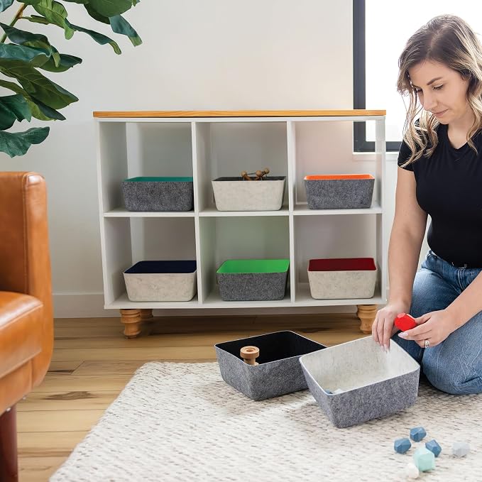 Three by Three Seattle Tapered Felt Storage Bins 2-Pack 9x9 Charcoal/Cream | Recycled felt tapered bins; soft non-scratch; 5"x5" fits most drawers; organize desk, office, bathroom, bedroom & entryway
