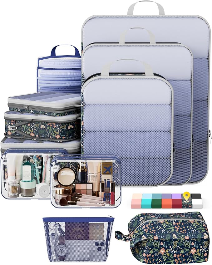 Veken 11 Set Compression Seting Cubes Garment Bags for Travel Essentials,Compressible Expandable Luggage Organizer Bags for Clothing,Space Saver Bags with Over 99 pcs of Mesh Holes(Dark Blue Floral)