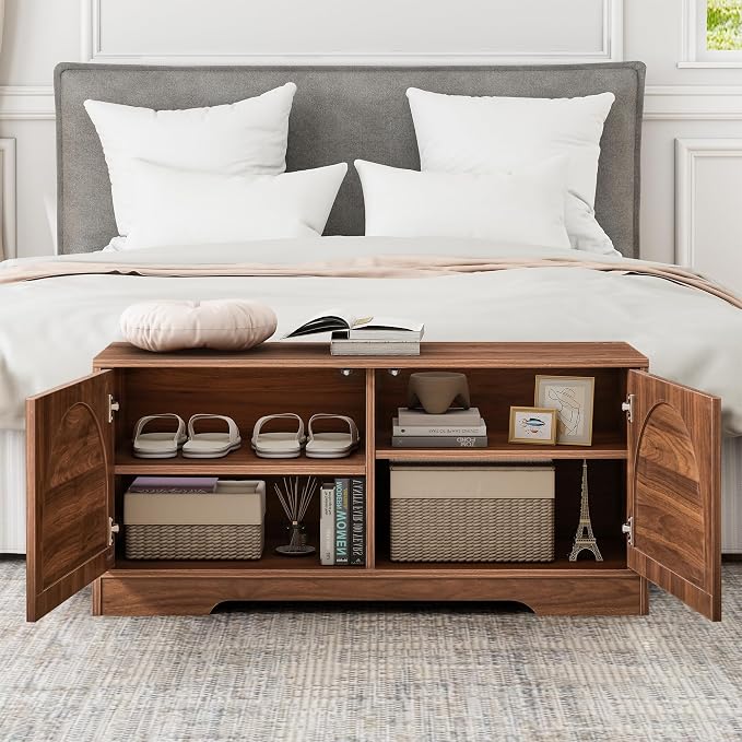 BERRYMERRY 39.4" Fluted Walnut Shoe Storage Bench for Entryway | Arched Door,Entryway,End of Bed,Shoe Cabinet,Adjustable Shelf,Bedroom,Brown,Mid Century Modern