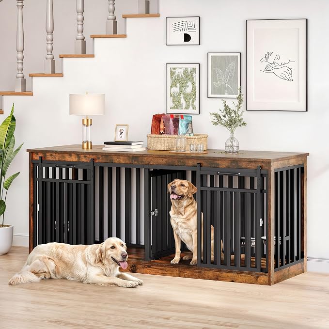 DWVO 71" Double Dog Crate Furniture for 2 Medium Dogs with Dog Bowls | Heavy Duty Wood Dual Dog Kennel TV Stand with Sliding Doors, Decorative 2 Dog Cage Table for Extra Large Dogs Rustic Brown