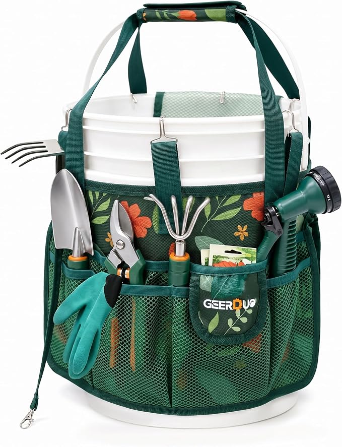Bucket Tool Organizer - Multi-Purpose Garden Tool Caddy Fits 3.5 to 5 Gallon Buckets - Heavy Duty 600D Tool Bag Pouch with Mesh Pockets for Car Wash, Fishing, Construction (Green Flower)