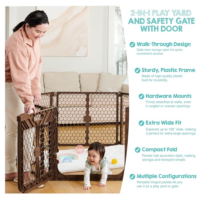 Regalo Safety 192" Plastic Super Wide Baby Gate & Play Yard with Door | Adjustable Playpen, For Doorways & Open Spaces, For Babies, Toddlers & Pets, Brown, Tested & Trusted for 30 Years