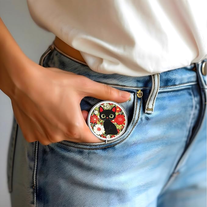 Pill Box-3 Compartment Small Pill Case for Purse & Pocket Mini Metal Pill Holder Travel Pill Container to Hold Supplements Vitamins BPA-Free (Cute Cat)