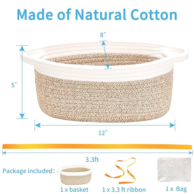 ABenkle Small Basket Empty Gift Basket, Decorative Boho Rope Woven Nursery Storage Organizer Dog Toy Baskets for Baby Showers Christmas Easter with Gift Bags and Ribbons, 12"X 8" X 5"