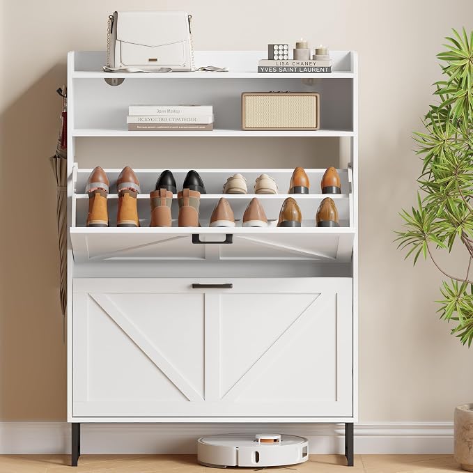 Xixini Shoe Storage Cabinet with 2 Flip Drawers, Entryway Shoe Rack, White | Freestanding Narrow Shoe Storage, Hidden Slim Wood Shoe Organizer, Modern Farmhouse, Open Storage & Hooks for Closet, Hallway