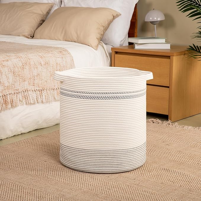 OIAHOMY 80L Laundry Basket, Laundry Hamper, Cotton Rope Storage Basket with Handles, Decorative Woven Basket for Living Room,Storage Baskets for Clothes, Blankets, and Toys -20''×18'', White&Gray | Tall Dirty Clothes Hamper with Handle,Blanket Basket,D...