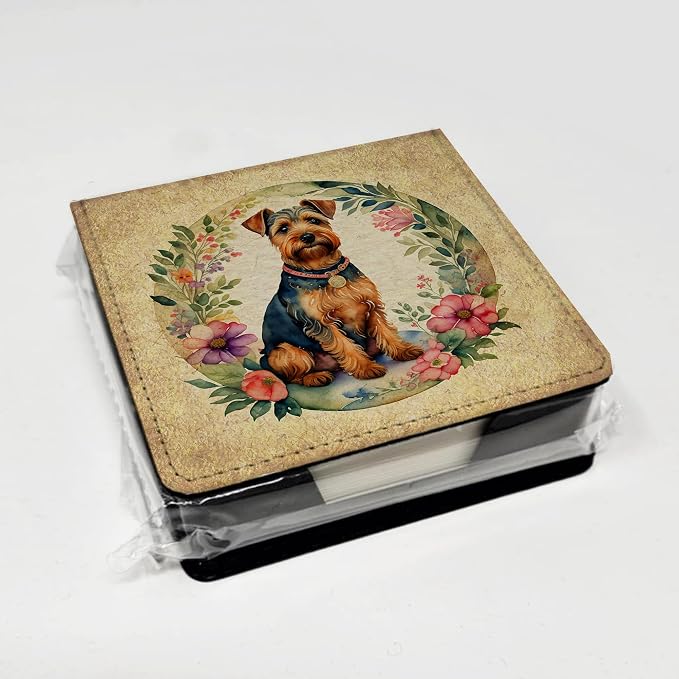 Caroline's Treasures Welsh Terrier and Flowers PU Leather Note Paper Holder with Artist-Designed Cover, Desk Accessory, Office Gift