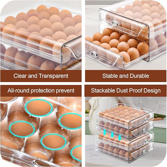 Egg Holder for Refrigerator,60 Eggs Clear Drawer Organizer | 2 Layer Stackable Egg Holder Egg Trays,Egg Storage Container with Time Scale for Fridge Countertop Cabinet
