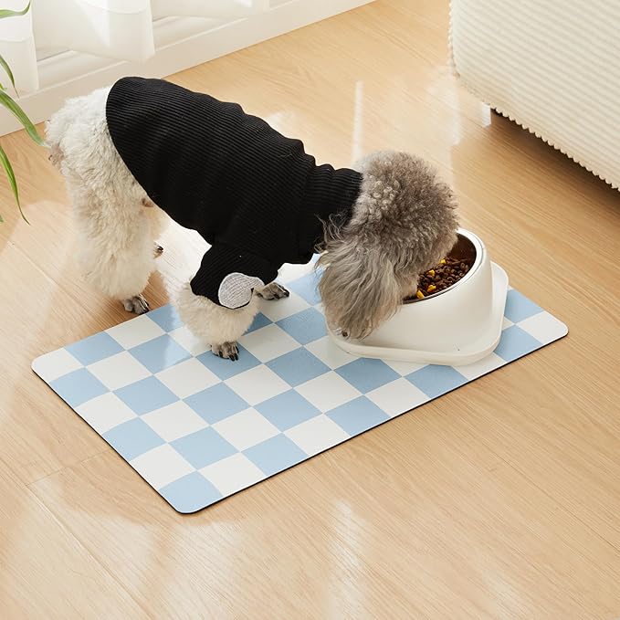 Ralxion Checkered Dog Feeding Mat, Absorbent Mats for Dog Food and Water Bowl, Dispenser, Retro Aesthetic Cute Blue Checkerboard Pet Placemat for Dogs, Cats, Puppy Accessories, 12" X 19”