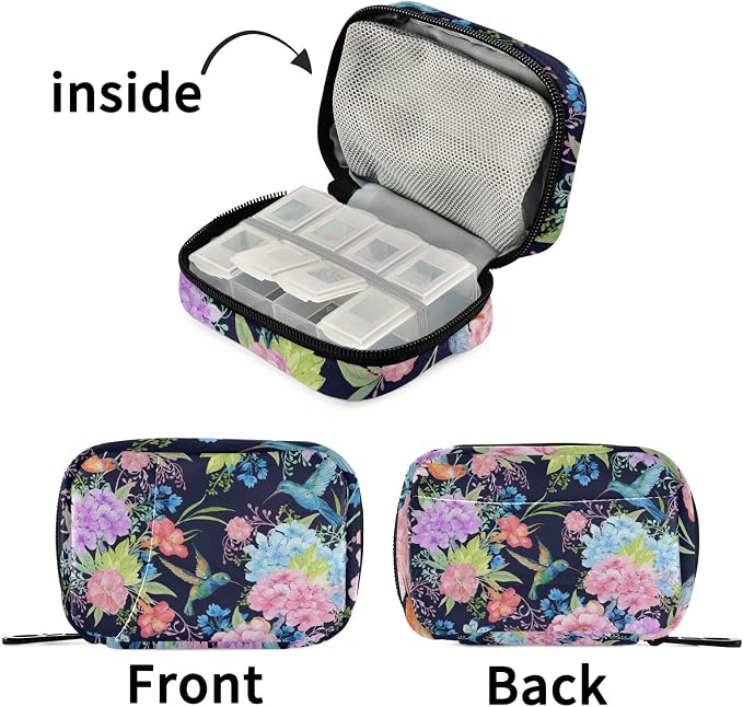 Hummingbird Floral Pill Case, Weekly Portable Pill Bag Container 7 Days Pill Box Organizer Vitamin Supplement Holder with Zipper for Travel Family Business