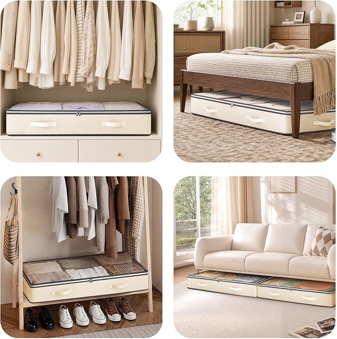 95L Under Bed Storage Containers, 2 Pack Beige | Underbed Storage Bags for Blankets, Towels, Comforter, Sweaters, Linen Sheets, Wrapping Paper