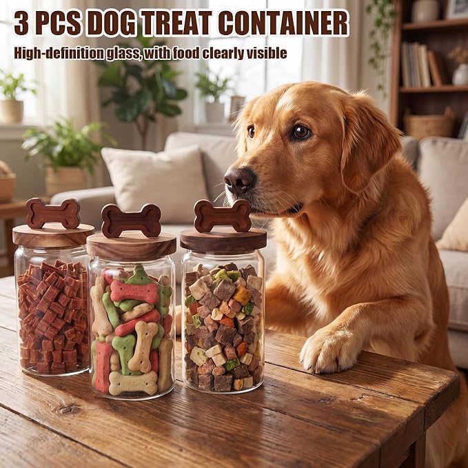 3 Pcs Glass Dog Treat Container, Dog Cookie Jar with Wood Lid | 3.54 x 5.91 Inch, Airtight Pet Treat Food Storage Container, for Countertop, Treats Canister, Doggie Cookie, Pets