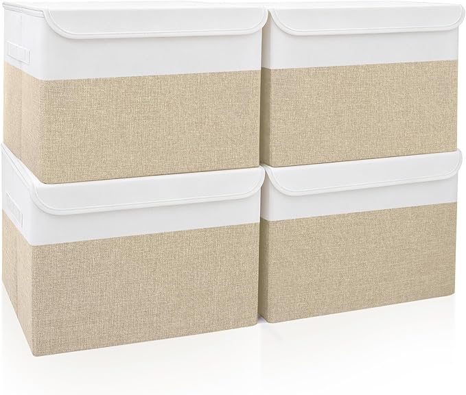 Large 22 Quart Linen Fabric Foldable Storage Bin Cube Organizer Basket with Flip-Top Lid & Handles, Clothes Blanket Box for Home, Office, Closet, Beige & White, 4 Pack 14.6 x 9.5 x 9.5”