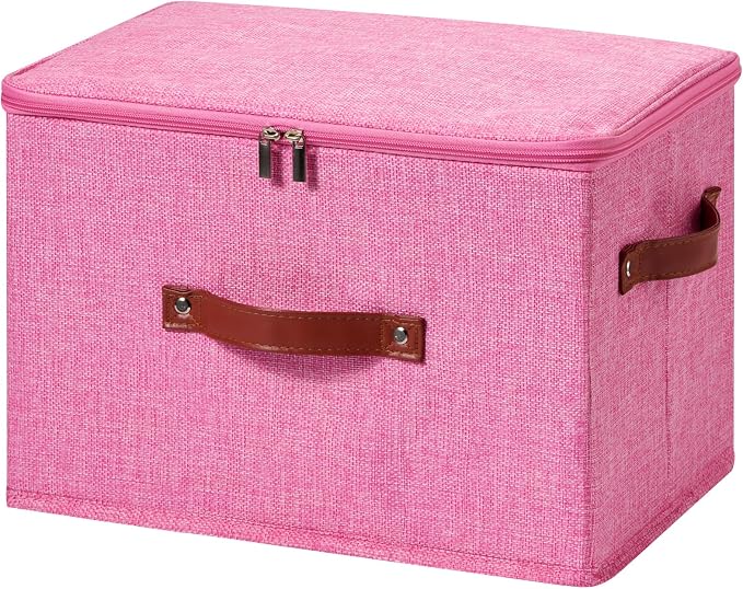 Storage Bin Box with Zippered Lid Decorative Collapsible Basket | Cotton Linen Fabric, Washable Foldable Stackable Clothes Container, Closet Shelf Organizer w/ PU Leather Handles, Pink-Large