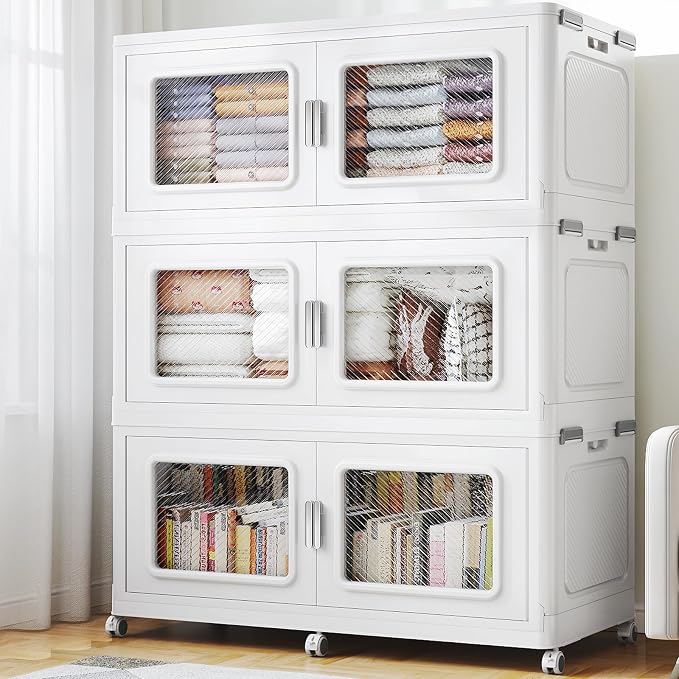 BROVIEW 900 Qt Extra Large Stackable Storage Bin with 1 Lid, 3 Pack White | 225Gal Extra Large, Collapsible Storage Boxes with 1 Lid, Folding& Rolling Plastic Drawer, Heavy-Duty Cabinet Organization