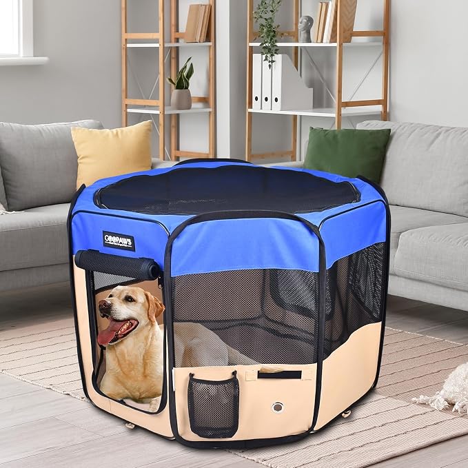 Jespet Soft Dog Playpen, Portable Pet Exercise Pen Kennel with Carry Bag | 2-Door, Easy to Fold, Ground Stakes, Zipper Locks, Large Storage Pocket, Washable Top Mesh Cover & Bottom Cover