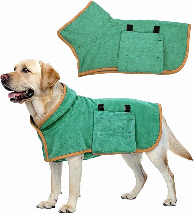Dog Drying Coat, Dog Robes for After Bath Bathrobe Super Absorbent Towel Soft Adjustable, (XS, Dark Green), Intended for Fast Drying Warm Keeping Pet Cats Kitten Puppies