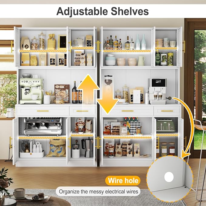 71 Sideboard Buffet Cabinet, Metal Kitchen Coffee Bar Cabinet White | Pantry Sideboard Storage, Coffee Bar Table Console with Cable Hole, Drawers, Adjustable Shelves for Kitchen, Living Room