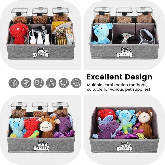 Dog Treat Storage Organizer for Countertop with Fabric Handle and Dividers | Collapsible Dog Treat Container for Living Room Area, Trapezoid Storage Basket for Pet Supplies with Adjustable Dividers