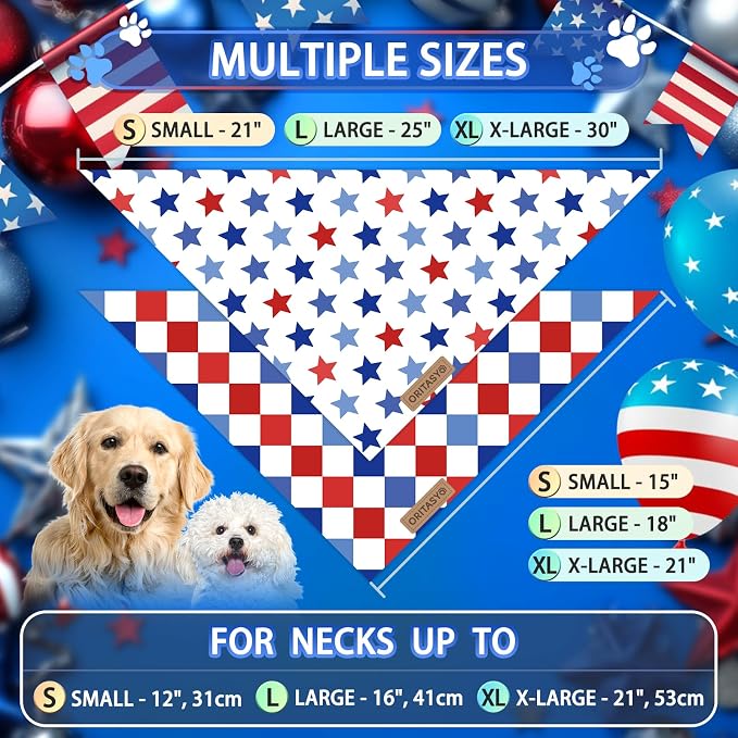 Checkered 4th of July Dog Bandanas, 2-Pack Triangle Reversible Pet Scarves, Premium Fabric, US American Flag Bandana for All Dogs (Large, Style 25-1)