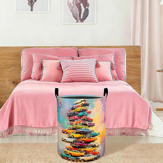 Classic Car Laundry Basket Hamper 19.7"x15.8", Organizer Bins Gifts for Kids Boys Girls, Colorful Classic Cars Foldable Waterproof Oxford Clothes Storage Bucket for Bedroom Bathroom Decor