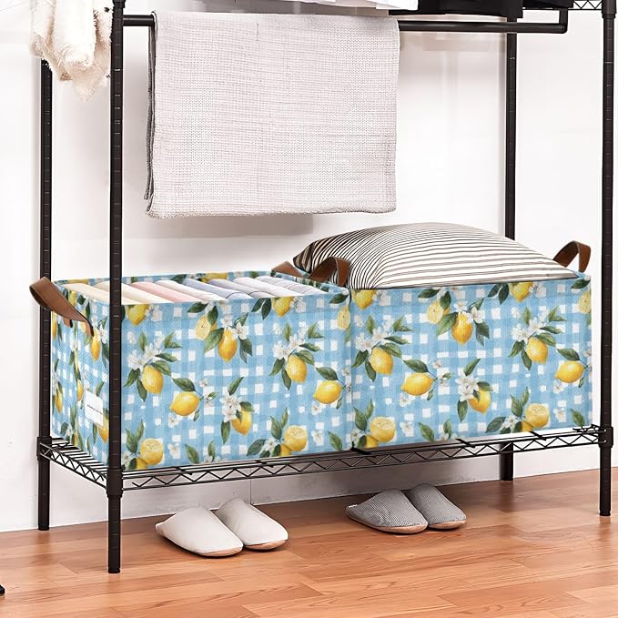 Light Blue Checkered Floral Lemon Storage Basket Foldable Cube Storage Bins with Handles&Label Waterproof Organizer Box Bin Large Rectangle Decorative Baskets for Shelves Home Room Laundry, 2 Pack