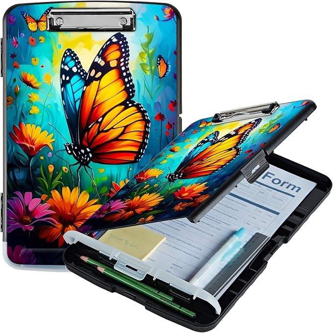 Butterfly Blue Sky A4 Clipboard with Storage Pen Holder, Clipboards Organizer Nursing Clipboard Foldable File Folder Plastic Clipboard Folio Clip Board for Office Students Classroom Doctor