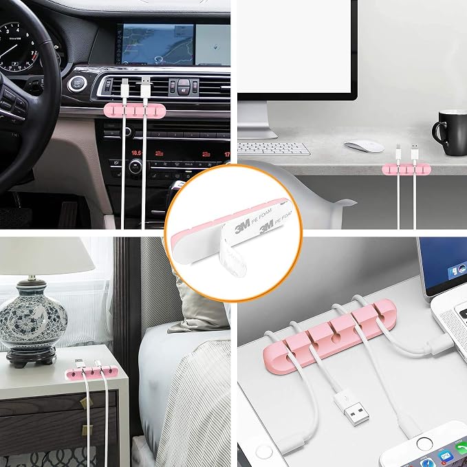 TviewSmart Cord Organizer for Desk, 5 Pack Cord Holders, Cable Clips, Pink | Silicone cable management clips self adhesive for nightstand and charger, 7-5-3-1-1 slots hold USB and phone cords up to 6 mm