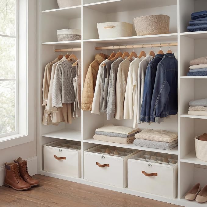 StorageWorks 2-Pack 32-Pair Shoe Storage Organizer for Closet, Beige | Adjustable Dividers, Holds up to 16 Pairs Each, Foldable, Clear Lid, Soft Handles, Fits Sneakers, Boots & Heels, For Bedroom