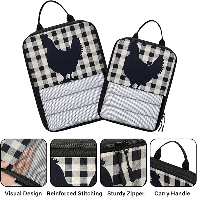 Chicken Hen 6 Set Compression Packing Cubes Buffalo Check Plaid Expandable Packing Organizer for Travel Accessories Luggage Suitcase Bag